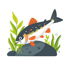 Pixelated Fish with Orange Fins and White Belly on Gray Rock with Green Foliage on White Background Cartoon Style Illustration