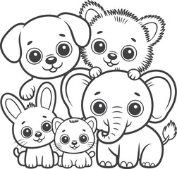 Cute Baby Animals Line Art Black and White Cartoon Set for Kids Vector