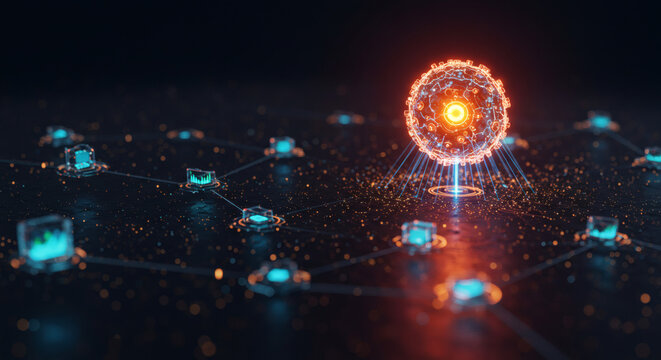 Digital network with glowing data nodes and a central pulsating sphere representing data transfer and connectivity