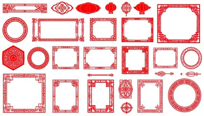 Red, ornate, symmetrical Asian-inspired frames and decorations, various shapes and sizes