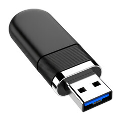 Black U S B drive with textured grip and blue connector isolated on a transparent background