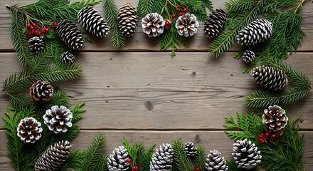 A rustic wooden background framed by a festive border of green pine branches, pinecones, and red berries, evoking a winter or Christmas theme.