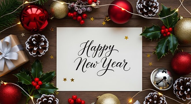 A festive New Year's Eve arrangement with ornaments, pinecones, holly, and fairy lights on a wooden background.