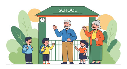 Cheerful School Welcome: Grandparents, Children, and the School Entryway Scene