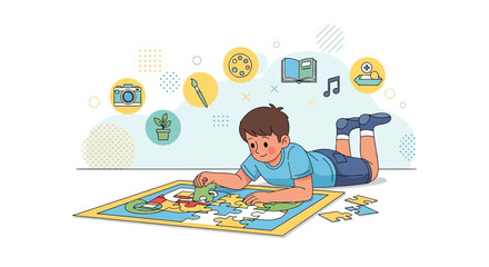 Child Enjoying Educational Puzzle While Surrounded By Artistic And Intellectual Icons