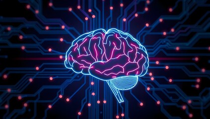 Blue illuminated brain showing digital neural data processing visualization