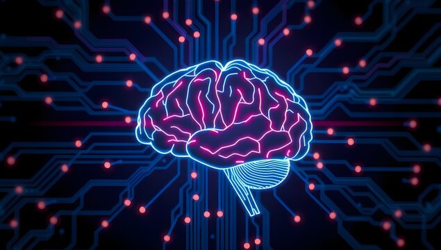 Blue illuminated brain showing digital neural data processing visualization