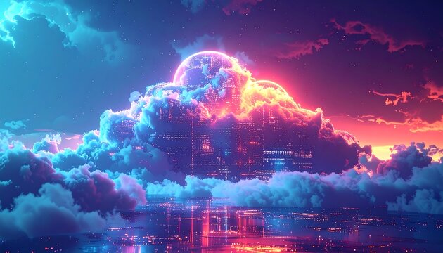 Vivid sunset painting, digital art, cloudscape over a city - Powered by Adobe