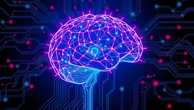Blue neon brain with futuristic glowing neural network connections - Powered by Adobe