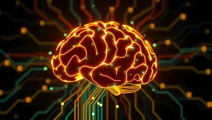 Vibrant electric brain with neon energy lines and circuits