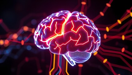 Orange glowing brain representing neural activity and digital intelligence