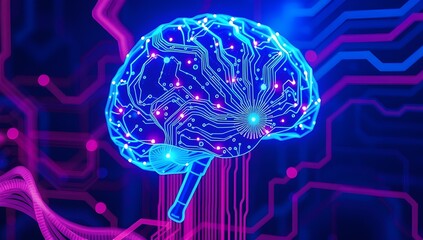 Futuristic digital brain glowing with neural data network connections