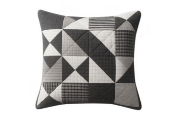 Quilted patchwork cushion featuring geometric monochrome pattern