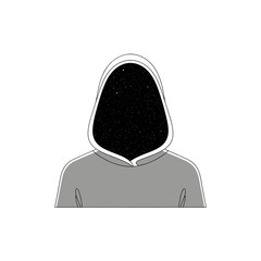 Pixelated Figure with Black Hood and Gray Hoodie on White Background