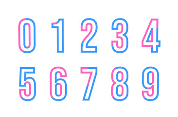 Modern Illusion Numbers Set. Colorful Blue and Pink Outline Font on Black Background.