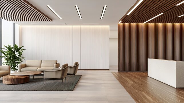 A modern, stylish interior showcasing a cozy seating area, elegant wood accents, and natural light, creating a welcoming atmosphere.