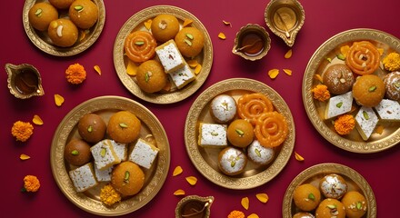 Fototapeta premium Overhead shot of assorted platters of sweet food and candle holders.