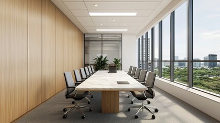 A modern conference room featuring a long table, comfortable chairs, large windows with city views, and minimalistic decor.