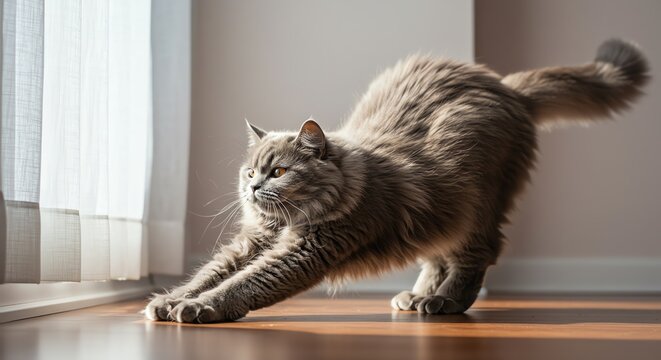 Gray cat stretching on wooden floor - Powered by Adobe