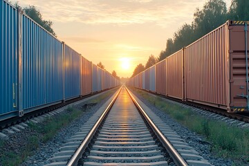 Fototapeta premium Railway Tracks Surrounded by Colorful Cargo Containers at Sunset in Rural Landscape