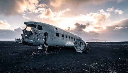 Wreckage of a plane on black sand beach, under cloudy sky