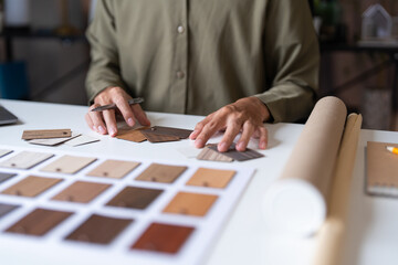 Architecture interior Man Creative project plan designer home and Choose interior materials.