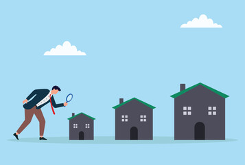 Vector illustration of a businessman examining different houses with a magnifying glass, symbolizing property comparison, real estate market research, or home selection process
