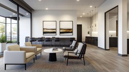 Fototapeta premium A modern, elegant lounge area featuring stylish furniture, artwork, and large windows, creating a bright and inviting atmosphere.
