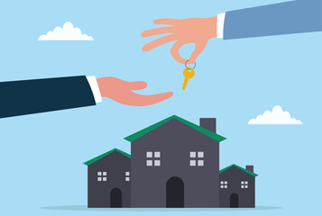 Vector illustration of a real estate transaction showing one businessman handing over a house key to another, symbolizing property sale, home ownership, or successful real estate investment
