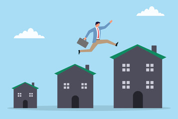 Vector illustration of a businessman jumping across rooftops of houses symbolizing growth success and opportunities in real estate investment and property development