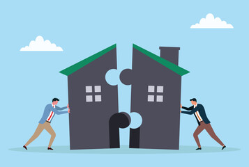 Vector illustration of two businessmen working together to connect pieces of a puzzle shaped house, symbolizing teamwork, collaboration, and real estate strategy