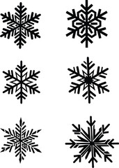 A collection of six unique black vector snowflake icons with diverse geometric designs, perfect for minimalist winter, christmas, and holiday backgrounds or overlays.