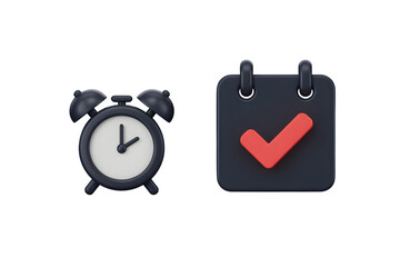 Alarm clock and calendar with check mark symbolizing time management and deadlines on transparent background