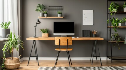 A modern workspace featuring a wooden desk, computer, and various plants, creating a fresh and inviting atmosphere.