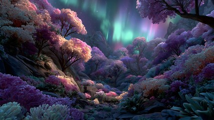 A vibrant landscape featuring colorful trees and an aurora borealis in the night sky, creating a magical atmosphere.