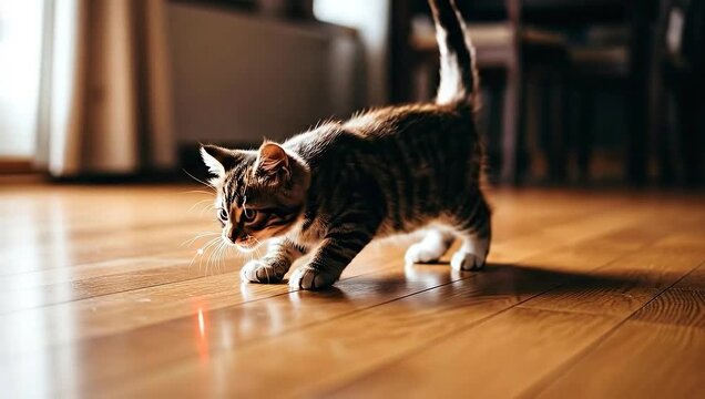 Playful Kitten Pursuing Laser Pointer on Gleaming Wooden Floor.