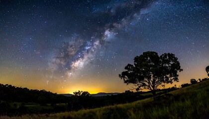 Vast Milky Way dominates the night sky above a lone tree