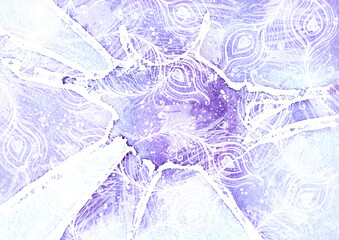 Purple ice floe with patterns, feathers and a crack, a creative background for the design. Watercolor winter background, hand-drawn, purple ice texture with patterns