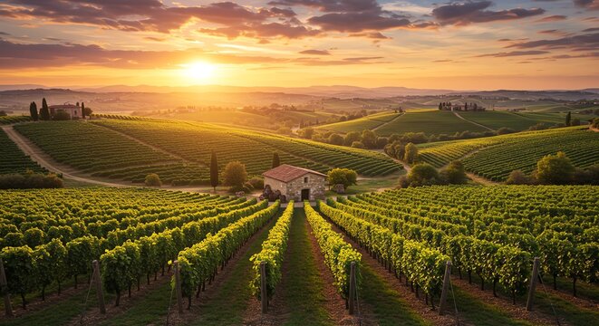 Vineyard landscape at sunset with rolling hills
