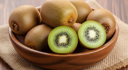 Delicious fresh kiwis in wooden bowl for healthy eating concept