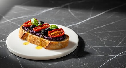 Delicious Bruschetta with Olives and Tomatoes on a Marble Tabletop