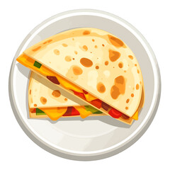 Overhead View of Golden Quesadilla on White Plate with Colorful Vegetables Inside and Yellow Cheese in Bright Lighting Studio Shot
