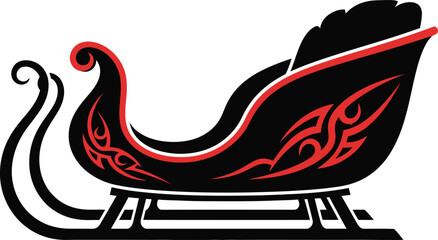 A striking black and red vector illustration of a traditional wooden sleigh with tribal tattoo-style ornamentation, perfect for christmas and holiday designs.