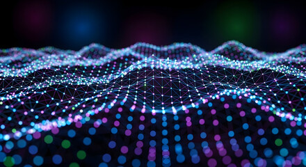 Colorful Abstract Visualization of Connected Waves and Dots in Digital Space with Vibrant Neon Lights and Dynamic Patterns