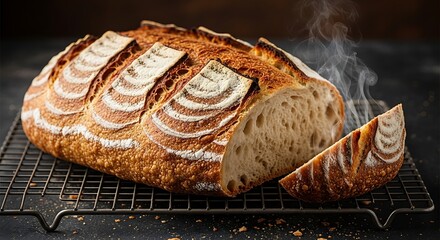 Freshly Baked Sourdough Bread with Steam Rising and Artistic Cuts