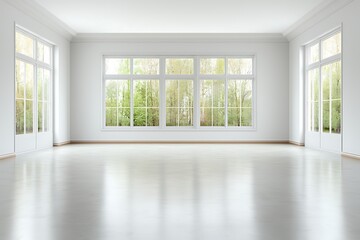 Fototapeta premium Spacious Empty Room with Large Windows Overlooking Lush Green Landscape Outside