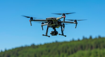 A modern drone hovering in the bright blue sky over green trees showcases aerial technology