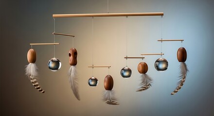 Mobile Decoration With Wooden Pieces Glass Spheres and Feathers Stylish Design