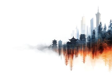 Fototapeta premium Urban Skyline Meets Traditional Architecture in Serene Landscape with Reflection and Mist