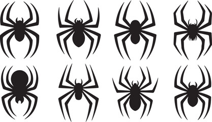 Collection of eight black spider silhouettes on a white background